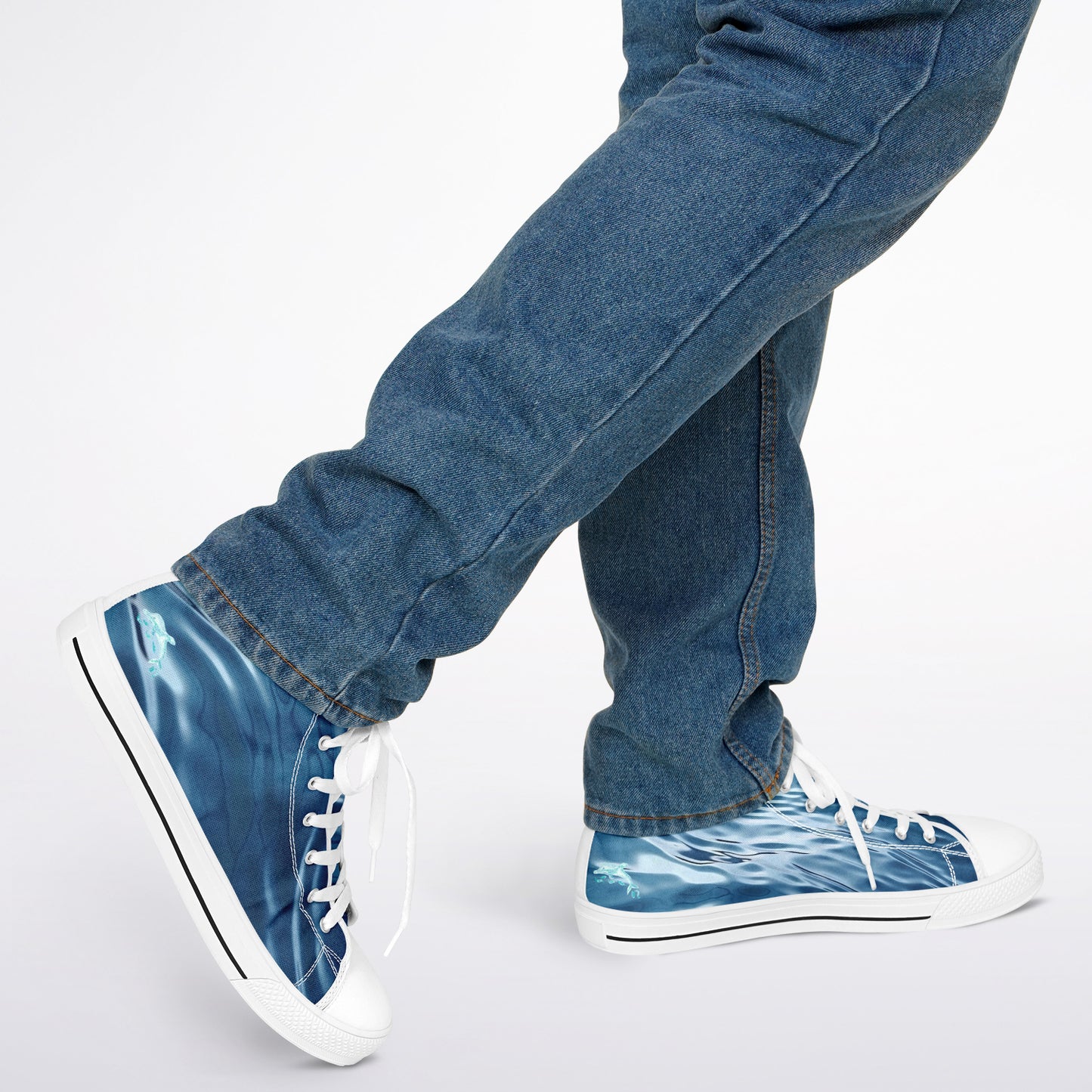 Sneakers High Tops with Wave Pattern in Dark Blue and Hand-Painted Dolphins