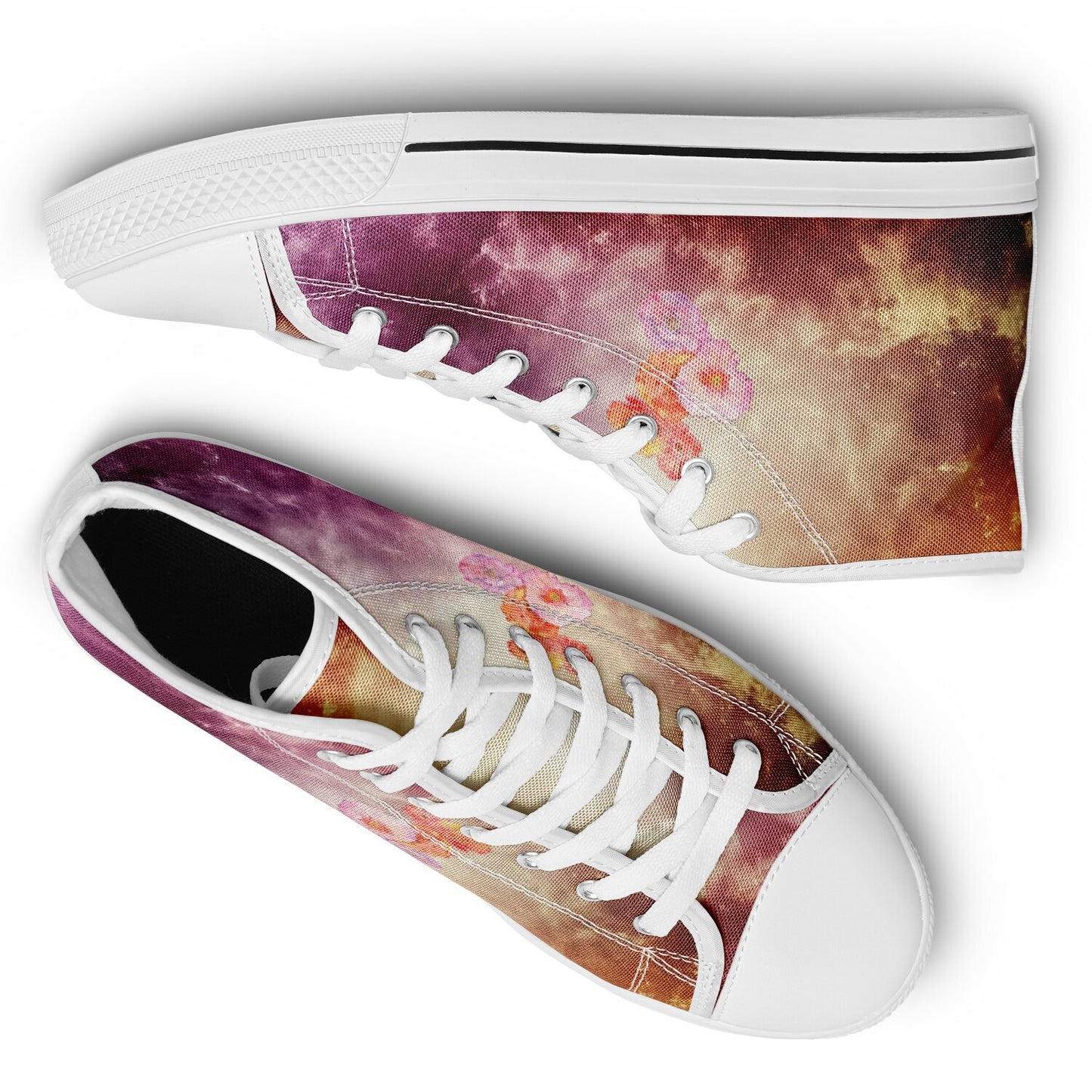 Sneakers High Tops with Orange and Purple Marble Pattern and Hand-Painted Poppies