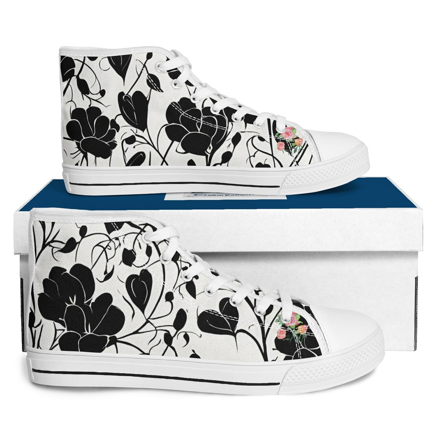 Sneakers High Tops with Black Florals and Hand-Painted Roses