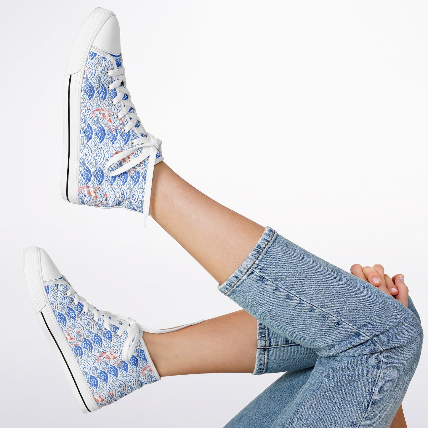 Sneakers High Tops with Blue Pattern and Hand-Painted Koi Fish