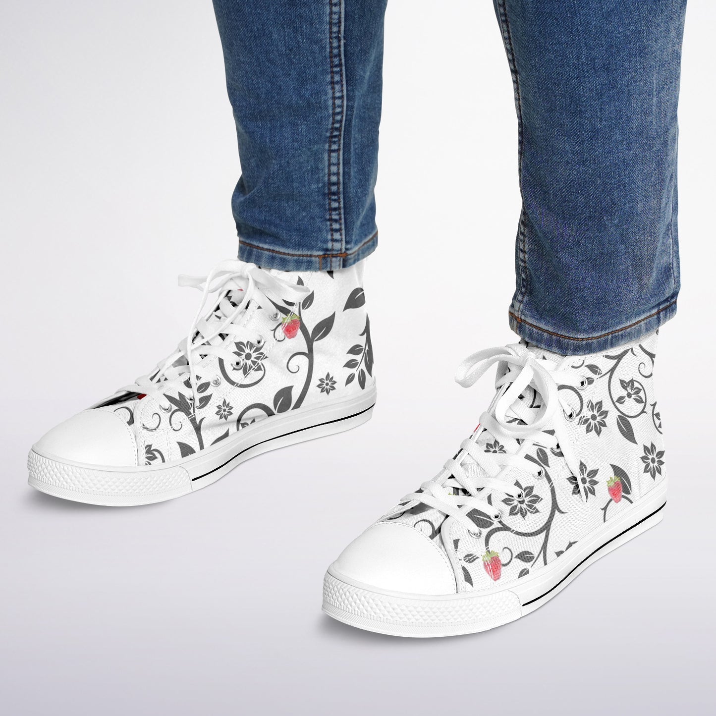 Sneakers High Tops with Black Pattern and Hand-Painted Strawberries