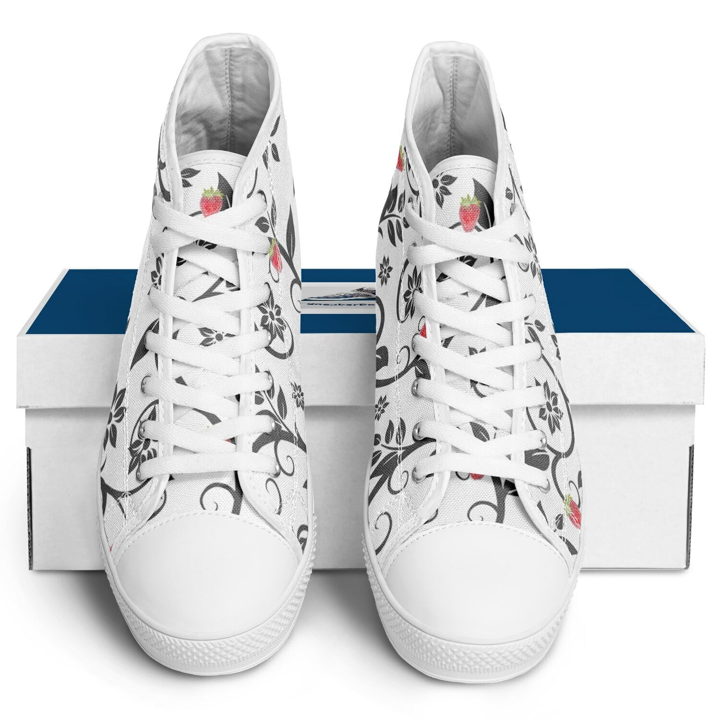 Sneakers High Tops with Black Pattern and Hand-Painted Strawberries