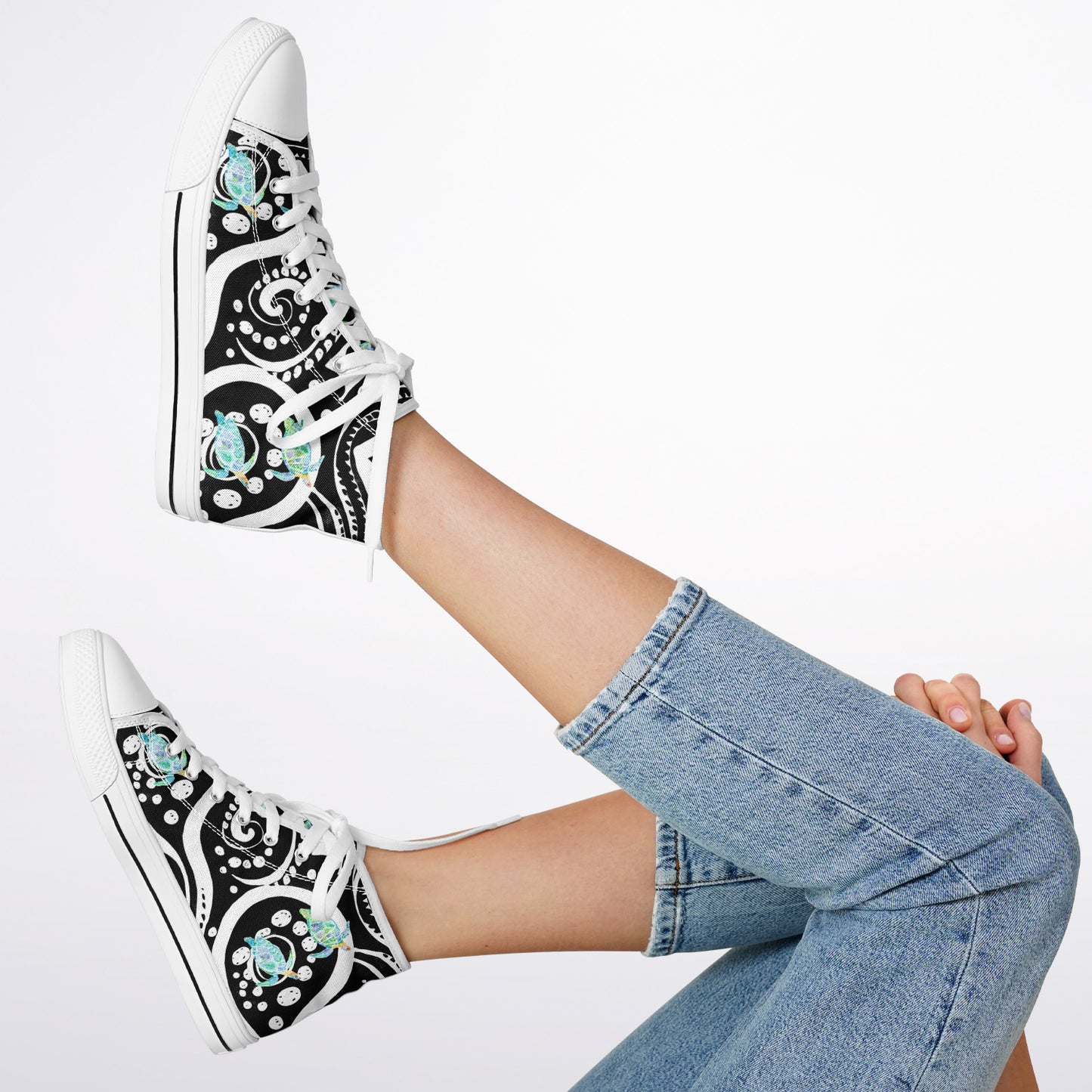 Sneakers High Tops with Black  and White Pattern and Hand-Painted Turtles