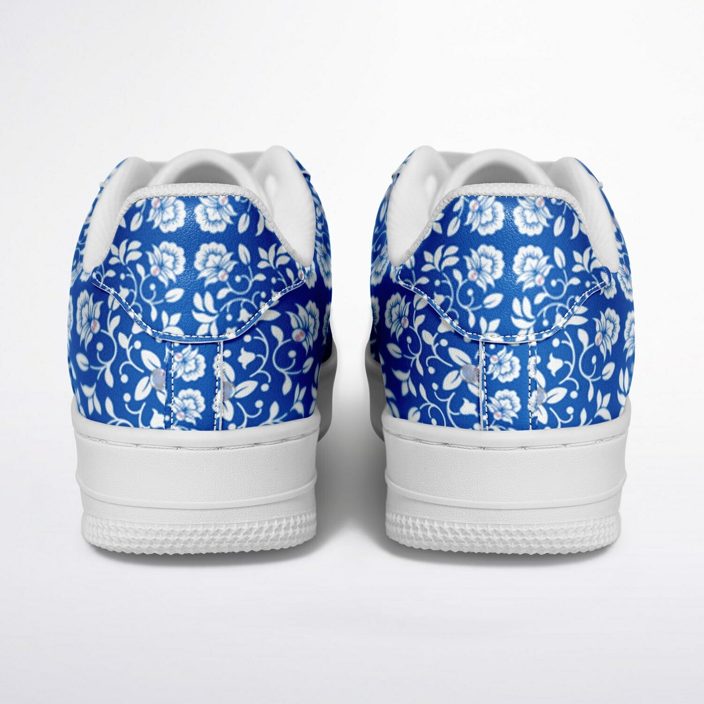 Sneakers Low Tops with Blue and White Pattern, Hand-painted Flowers and the Word 'Luxe'