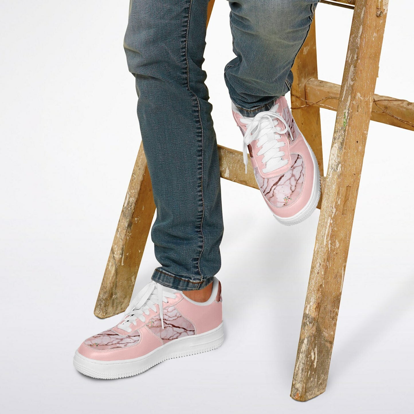 Sneakers Low Tops with Marble Pattern and Hand-Painted Roses