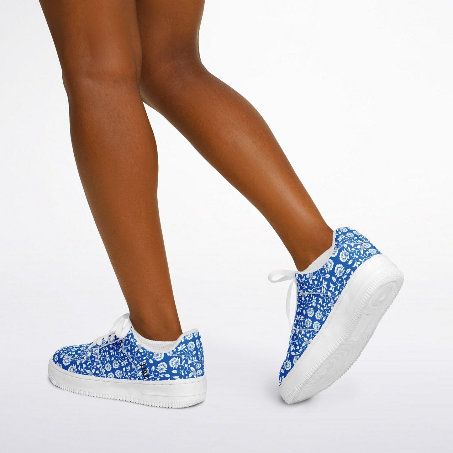 Sneakers Low Tops with Blue and White Pattern, Hand-painted Flowers and the Word 'Luxe'