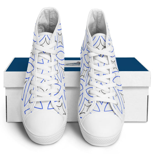 Hi-Top sneakers with blue and black geometric design.