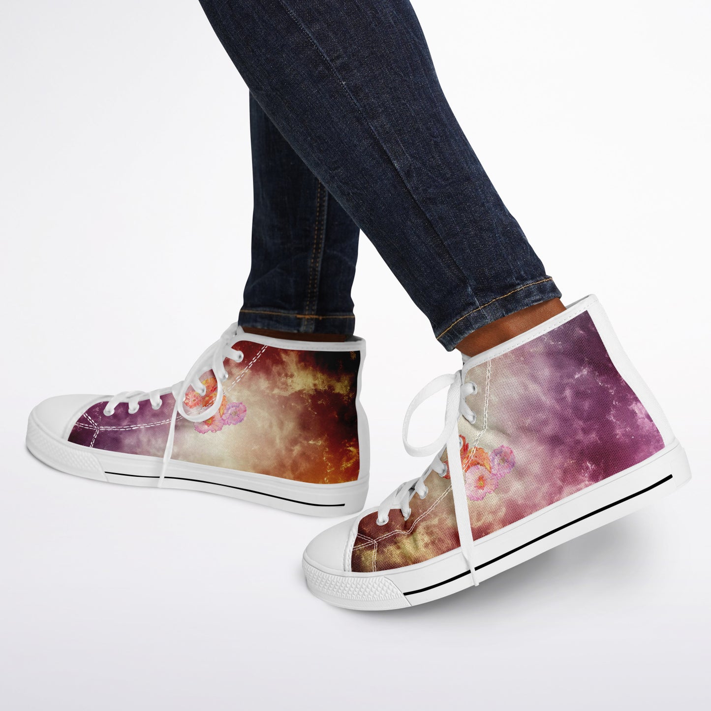 Sneakers High Tops with Orange and Purple Marble Pattern and Hand-Painted Poppies