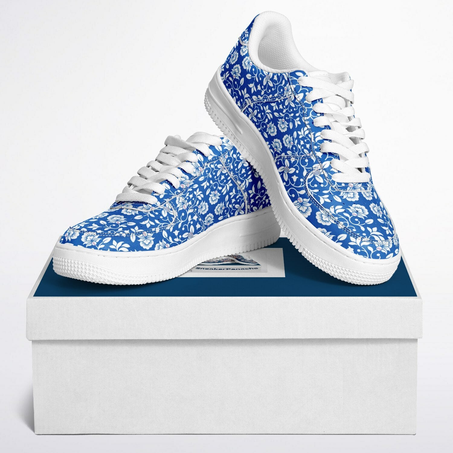 Sneakers Low Top with Blue and White Pattern, Hand-painted Flowers and the Word 'Luxe'