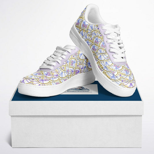 Low-top sneakers with swirling patterns in gold and purple and small pink poppies.