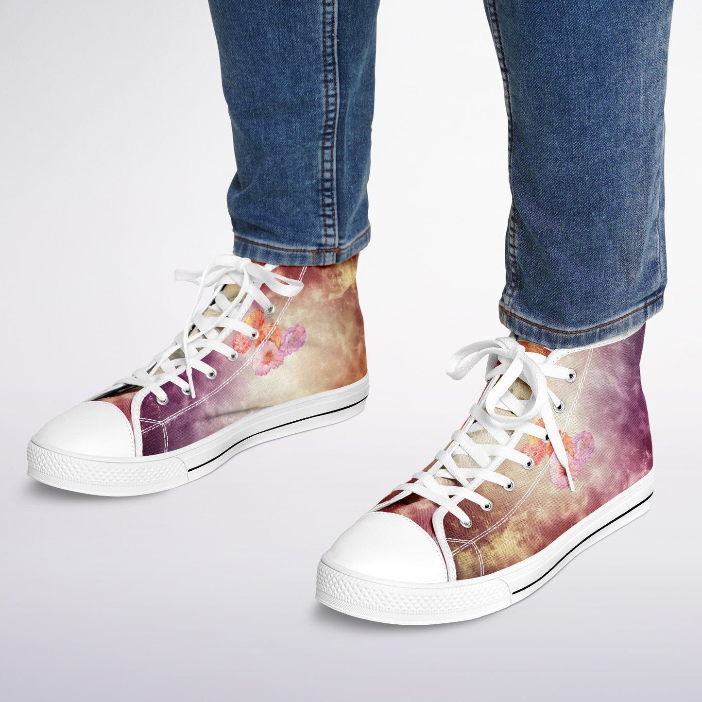 Sneakers High Tops with Orange and Purple Marble Pattern and Hand-Painted Poppies