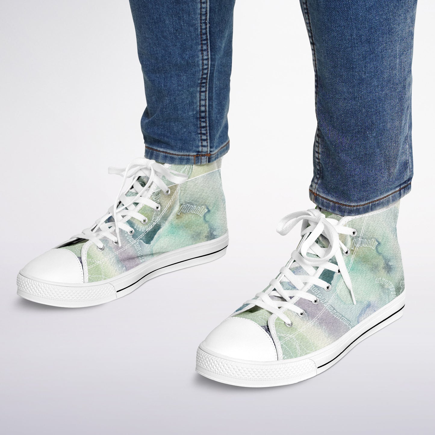 Sneakers High Tops with Abstract Landscape Pattern in Blues and Greens