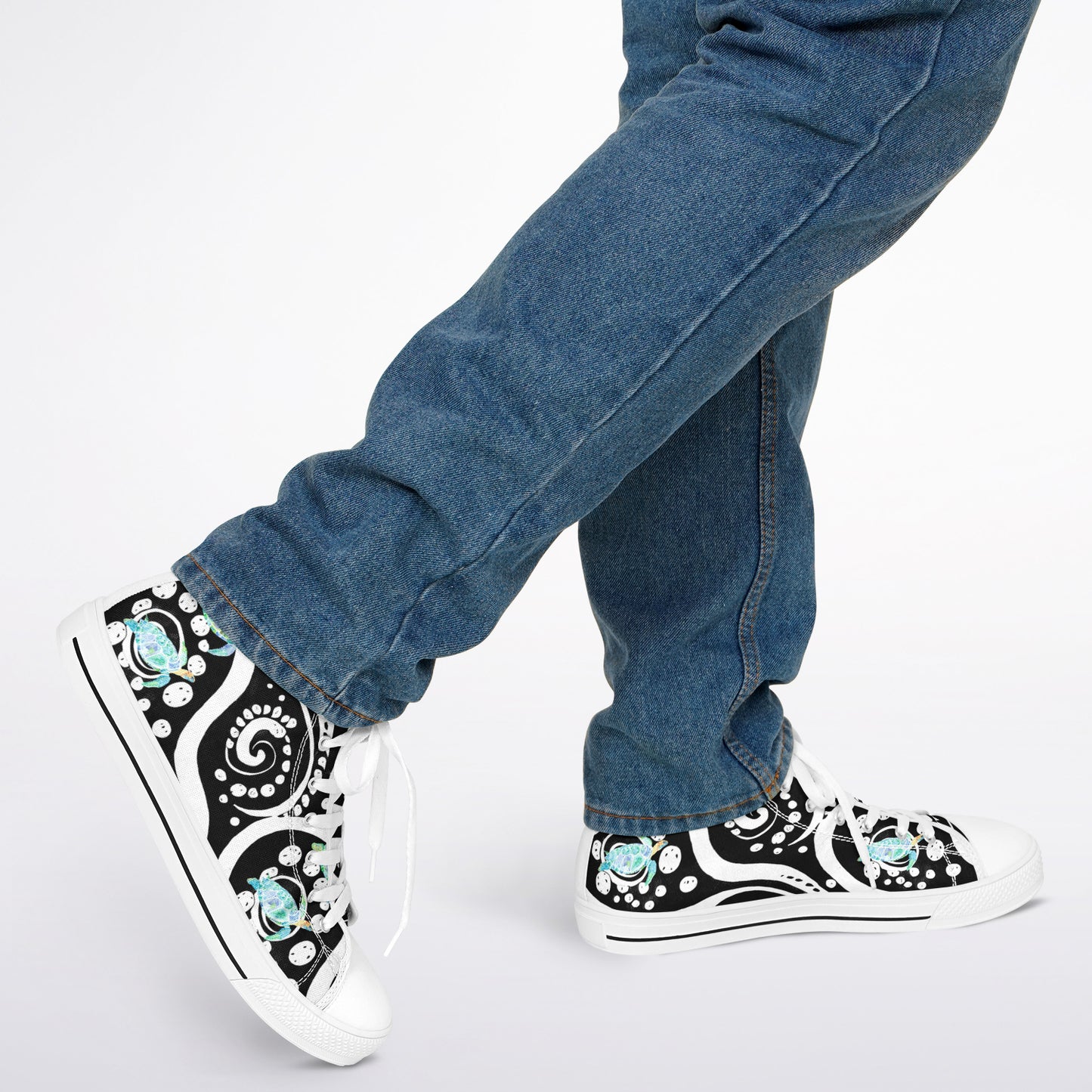 Sneakers High Tops with Black  and White Pattern and Hand-Painted Turtles