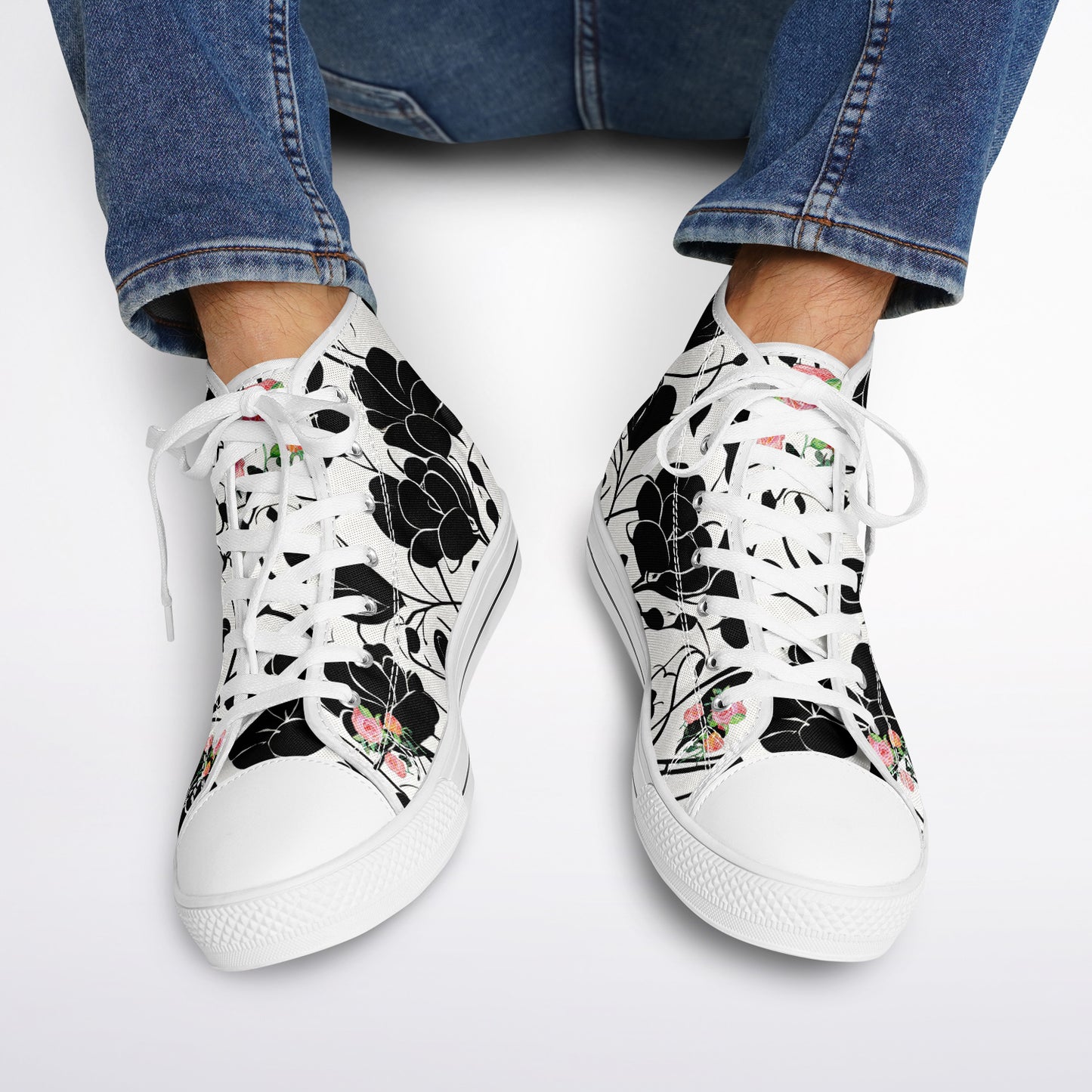 Sneakers High Tops with Black Florals and Hand-Painted Roses