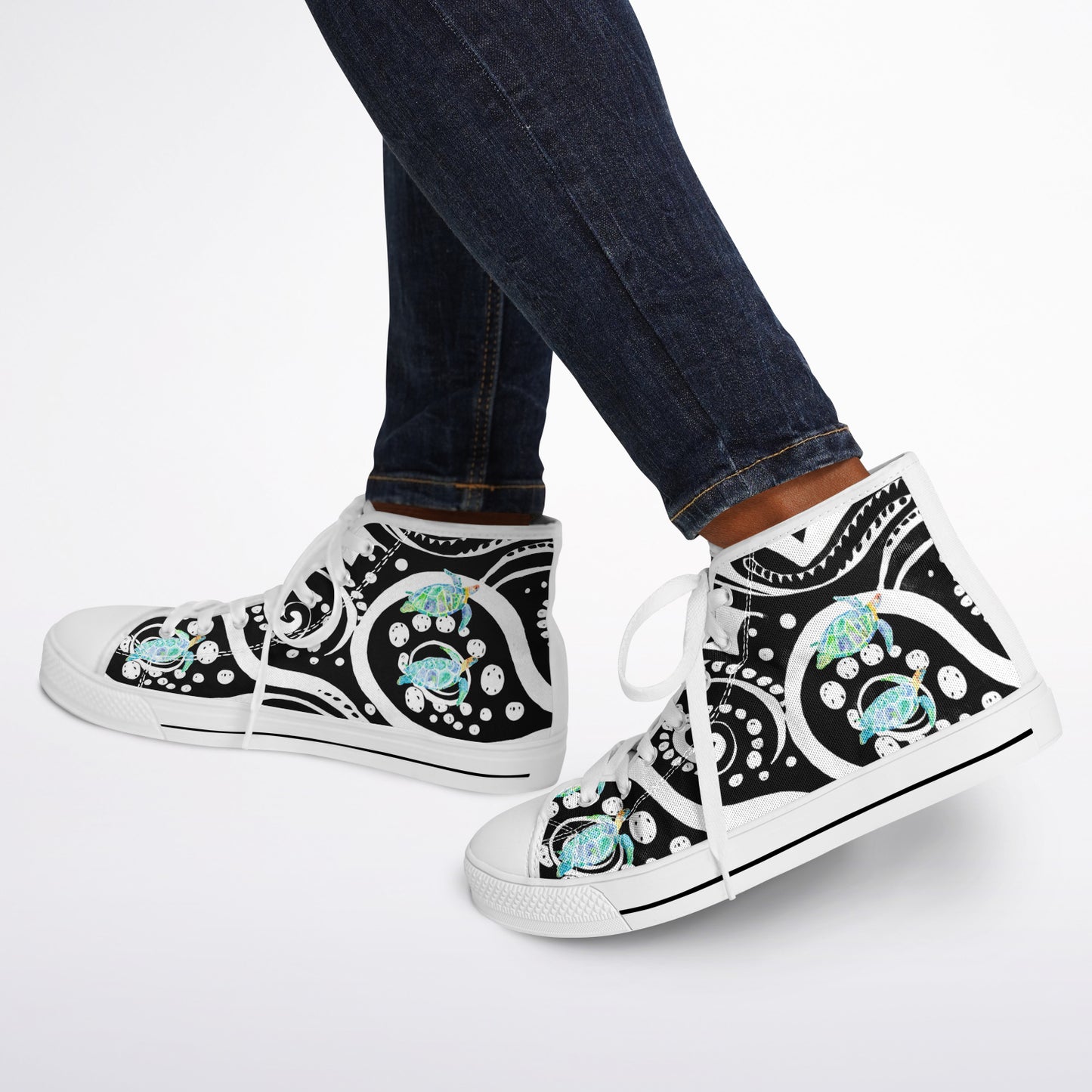 Sneakers High Tops with Black  and White Pattern and Hand-Painted Turtles