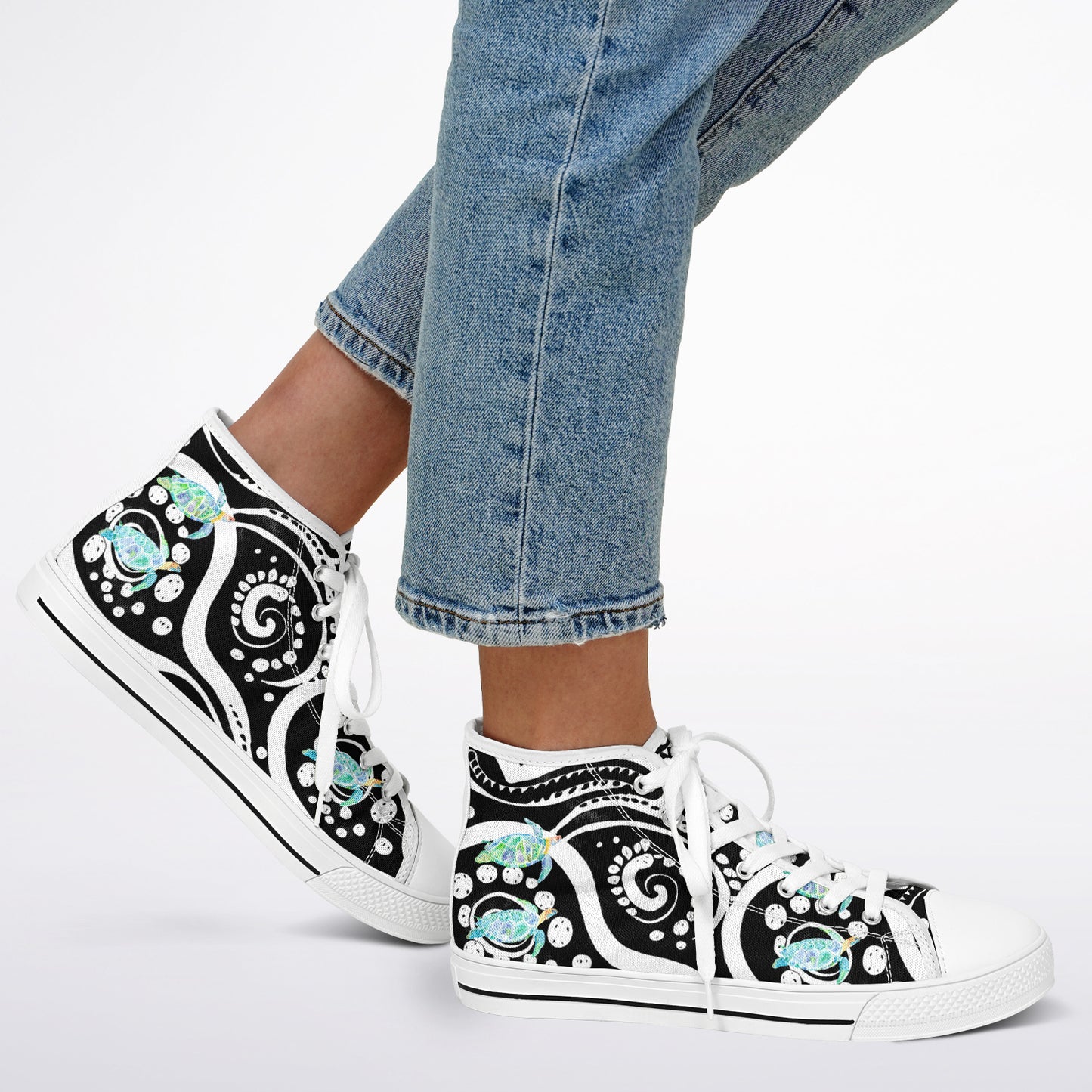 Sneakers High Tops with Black  and White Pattern and Hand-Painted Turtles