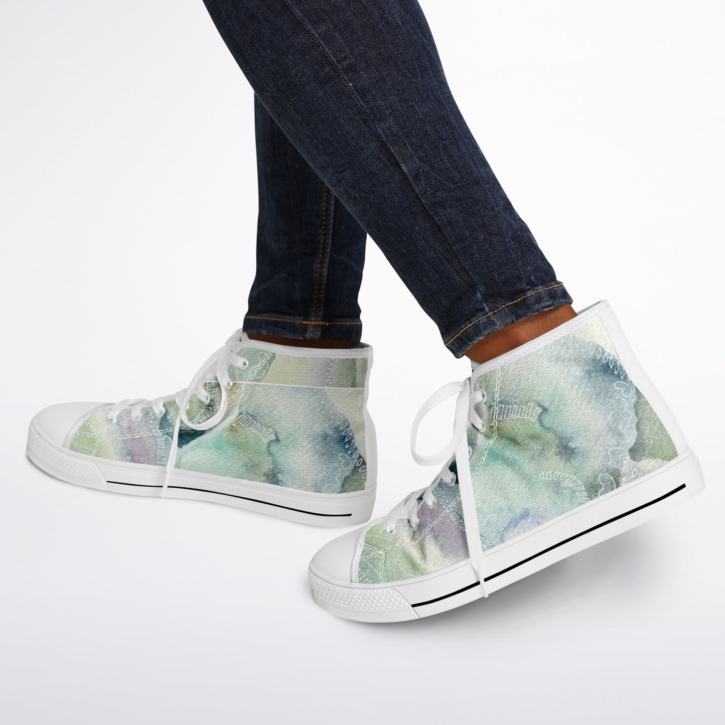 Sneakers High Tops with Abstract Landscape Pattern in Blues and Greens