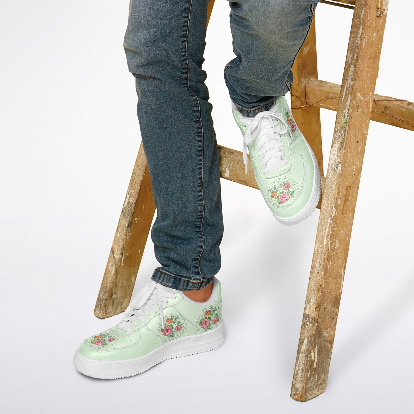 Sneakers Low Tops with Hand-Painted Roses and French Text