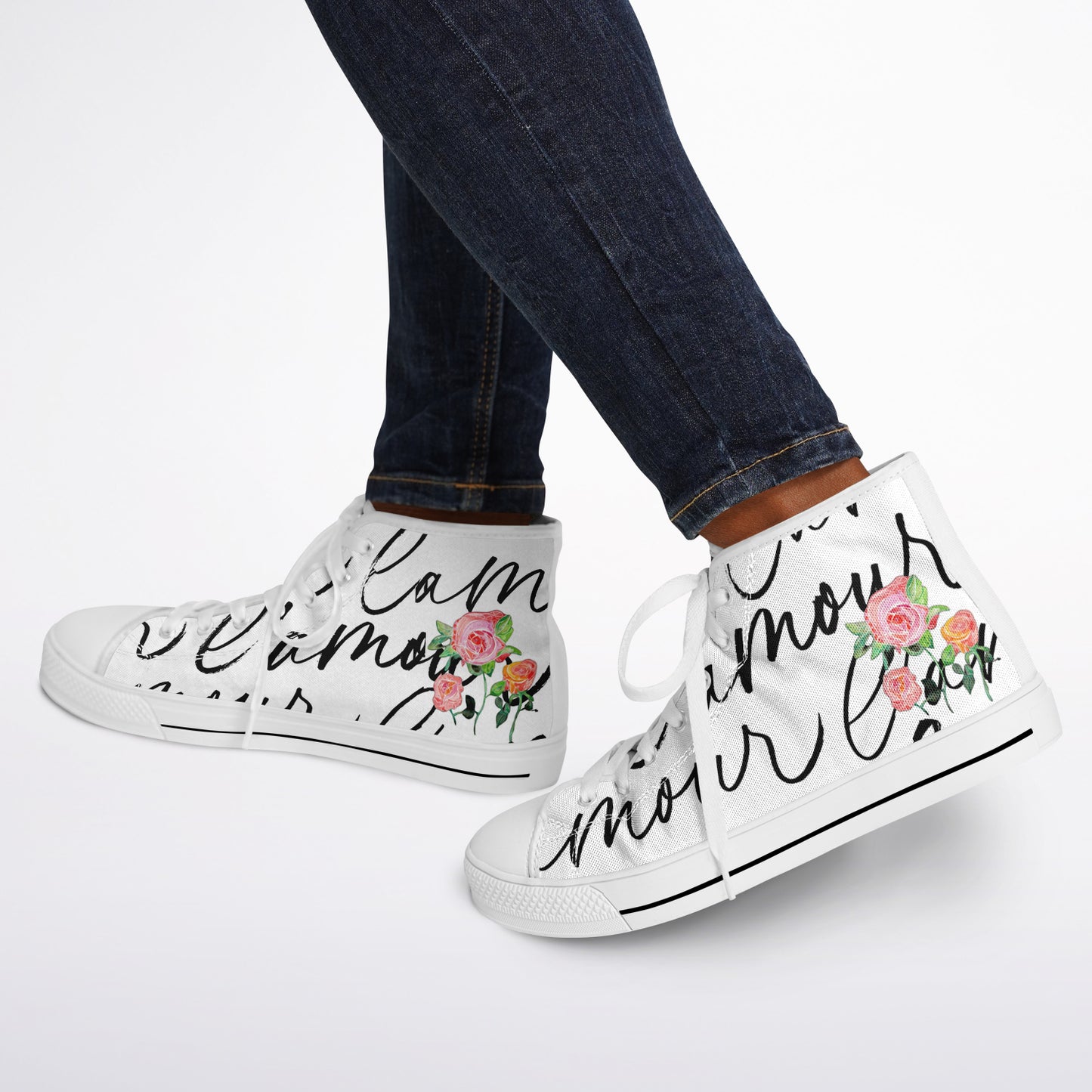 Sneakers High Tops with French Script and Hand-Painted Roses