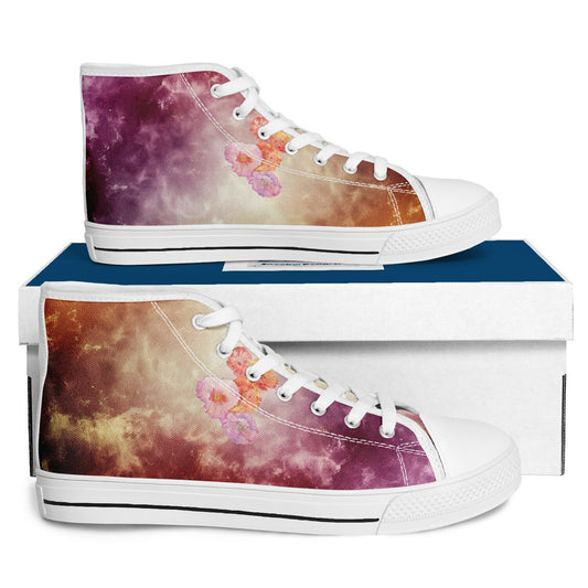 Sneakers High Tops with Orange and Purple Marble Pattern and Hand-Painted Poppies