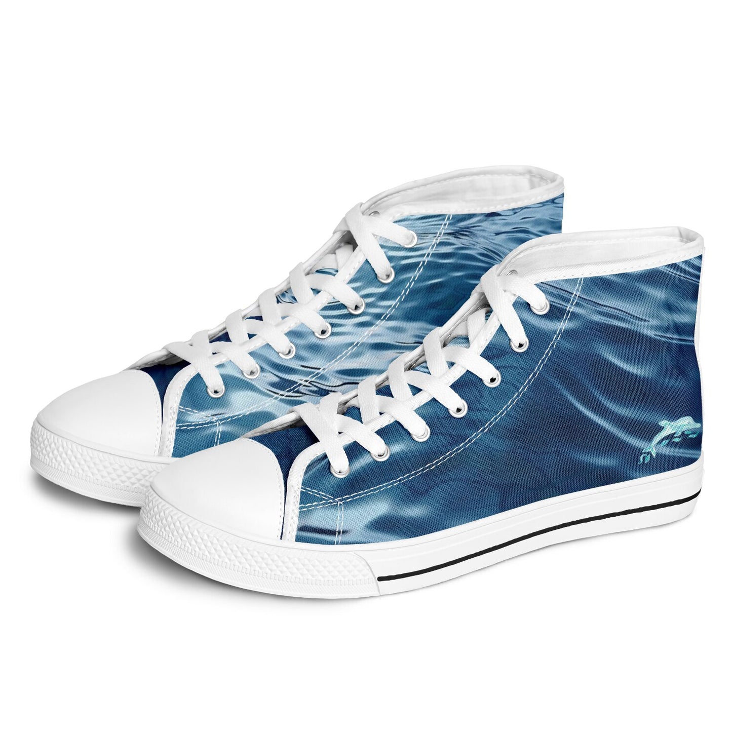 Sneakers High Tops with Wave Pattern in Dark Blue and Hand-Painted Dolphins