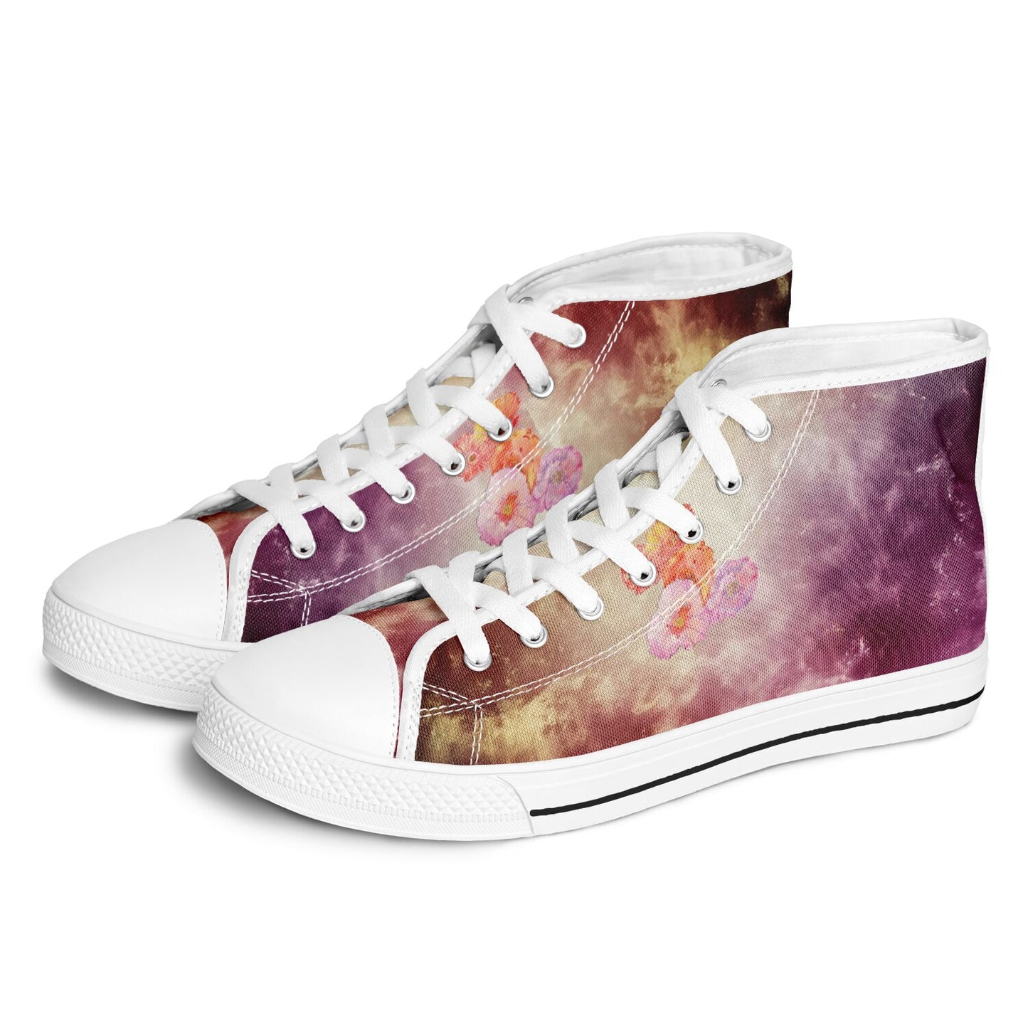 Sneakers High Tops with Orange and Purple Marble Pattern and Hand-Painted Poppies