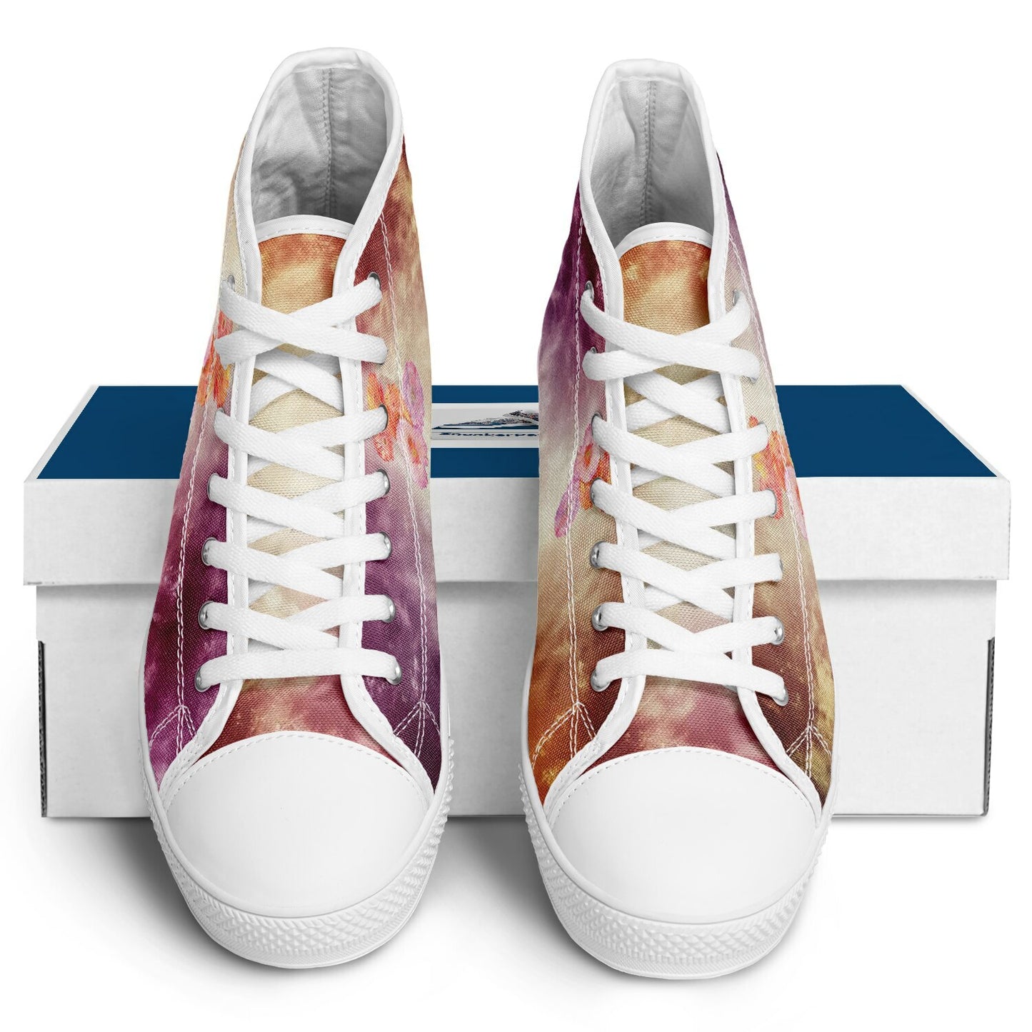 Sneakers High Tops with Orange and Purple Marble Pattern and Hand-Painted Poppies