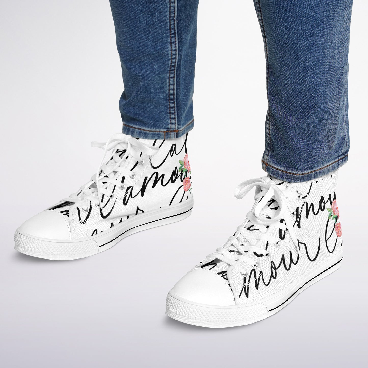 Sneakers High Tops with French Script and Hand-Painted Roses