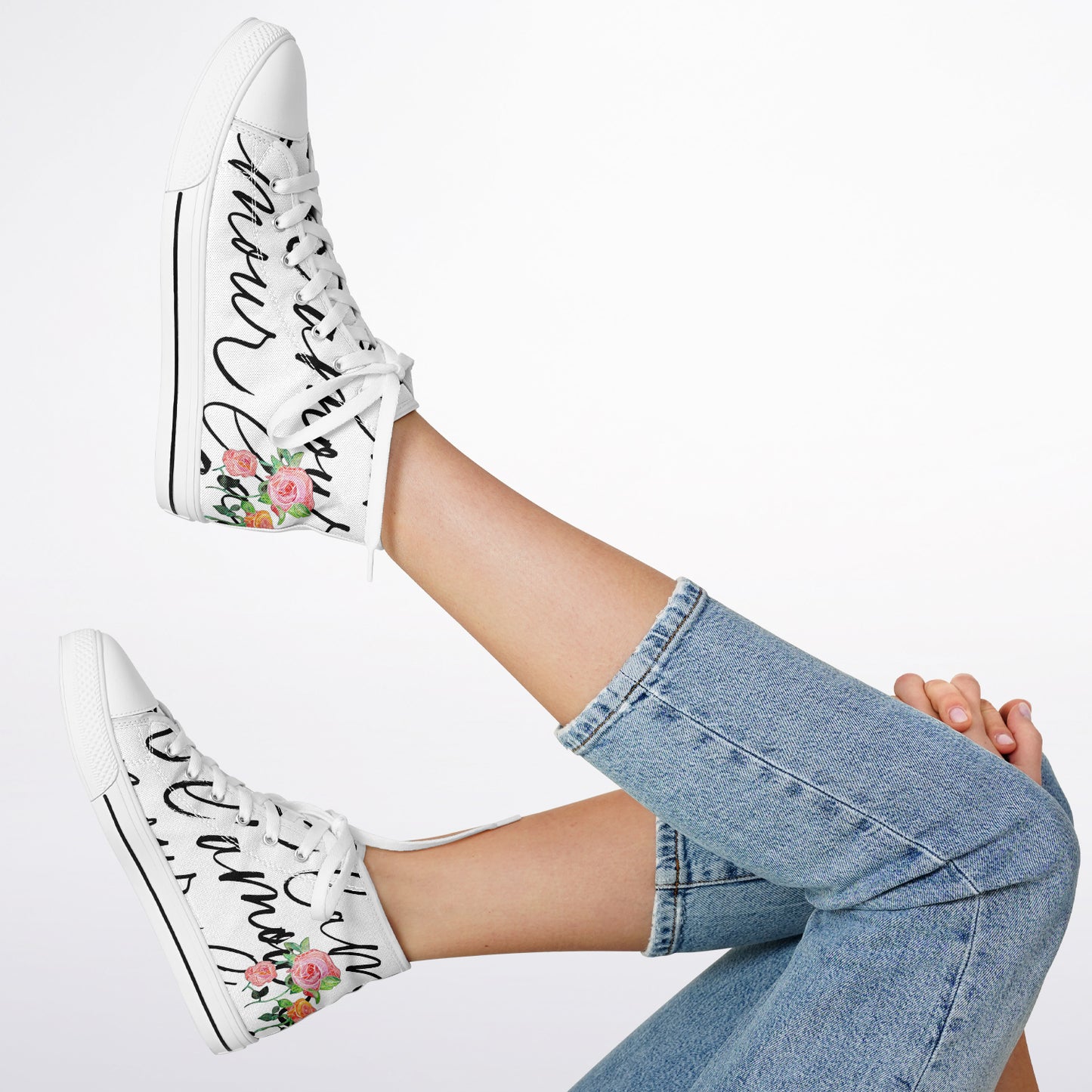 Sneakers High Tops with French Script and Hand-Painted Roses