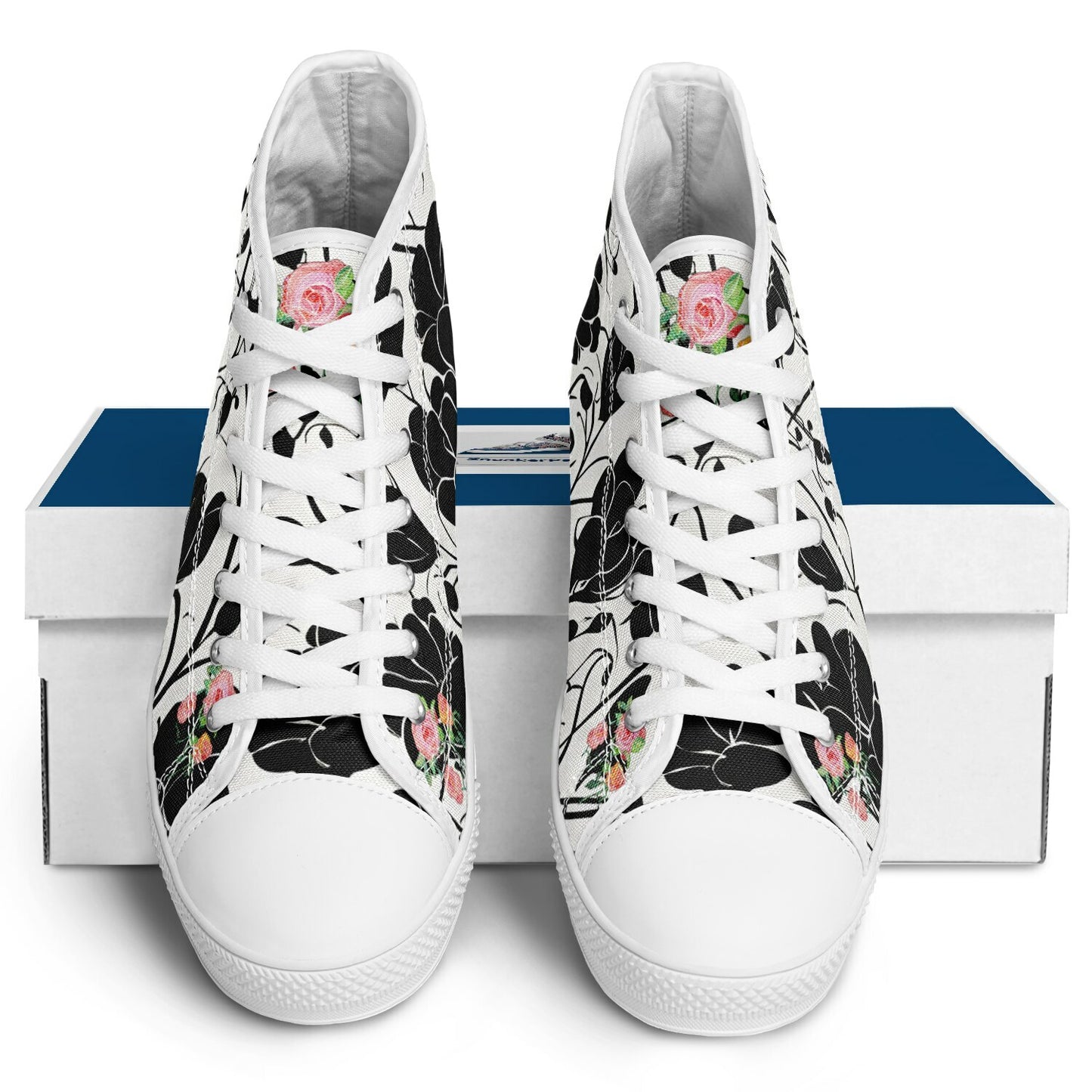 A pair of hi-top sneakers with black and white design and pink roses.