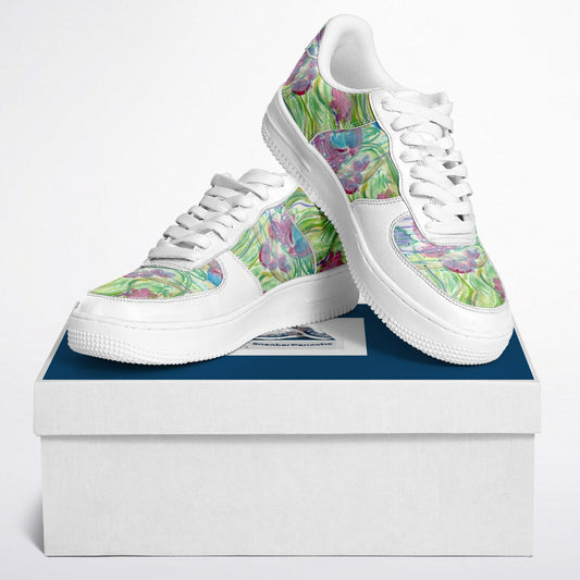 Low top sneakers with Van Gogh inspired landscape in green and pink.