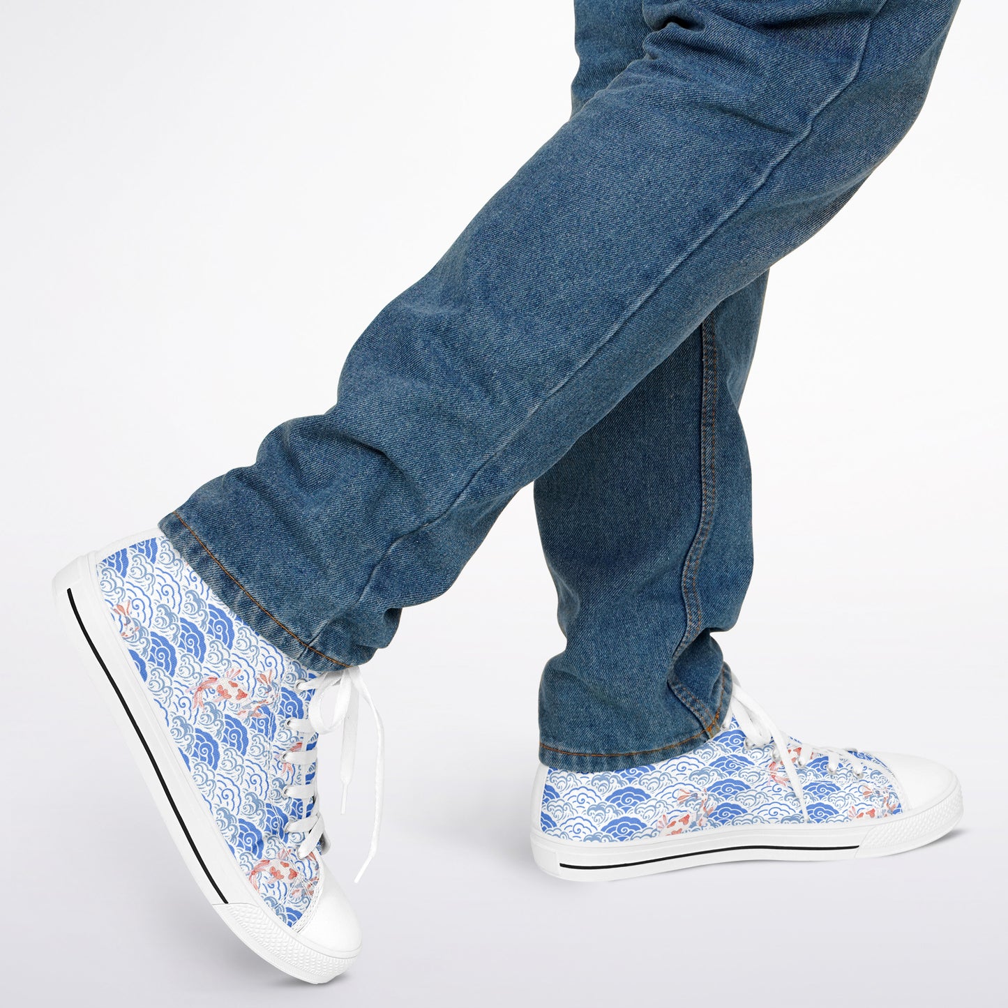 Sneakers High Tops with Blue Pattern and Hand-Painted Koi Fish