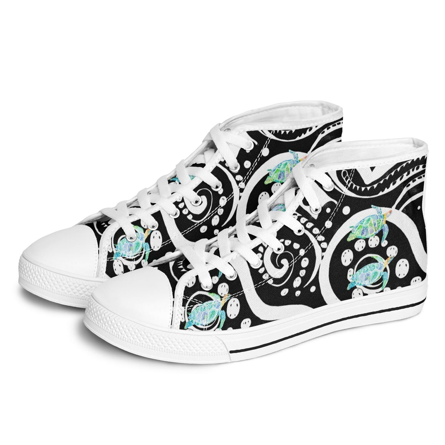 Sneakers High Tops with Black  and White Pattern and Hand-Painted Turtles