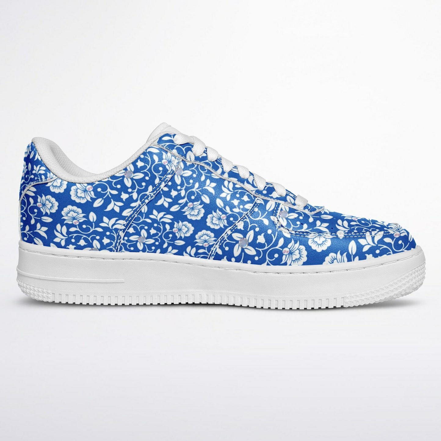 Sneakers Low Tops with Blue and White Pattern, Hand-painted Flowers and the Word 'Luxe'