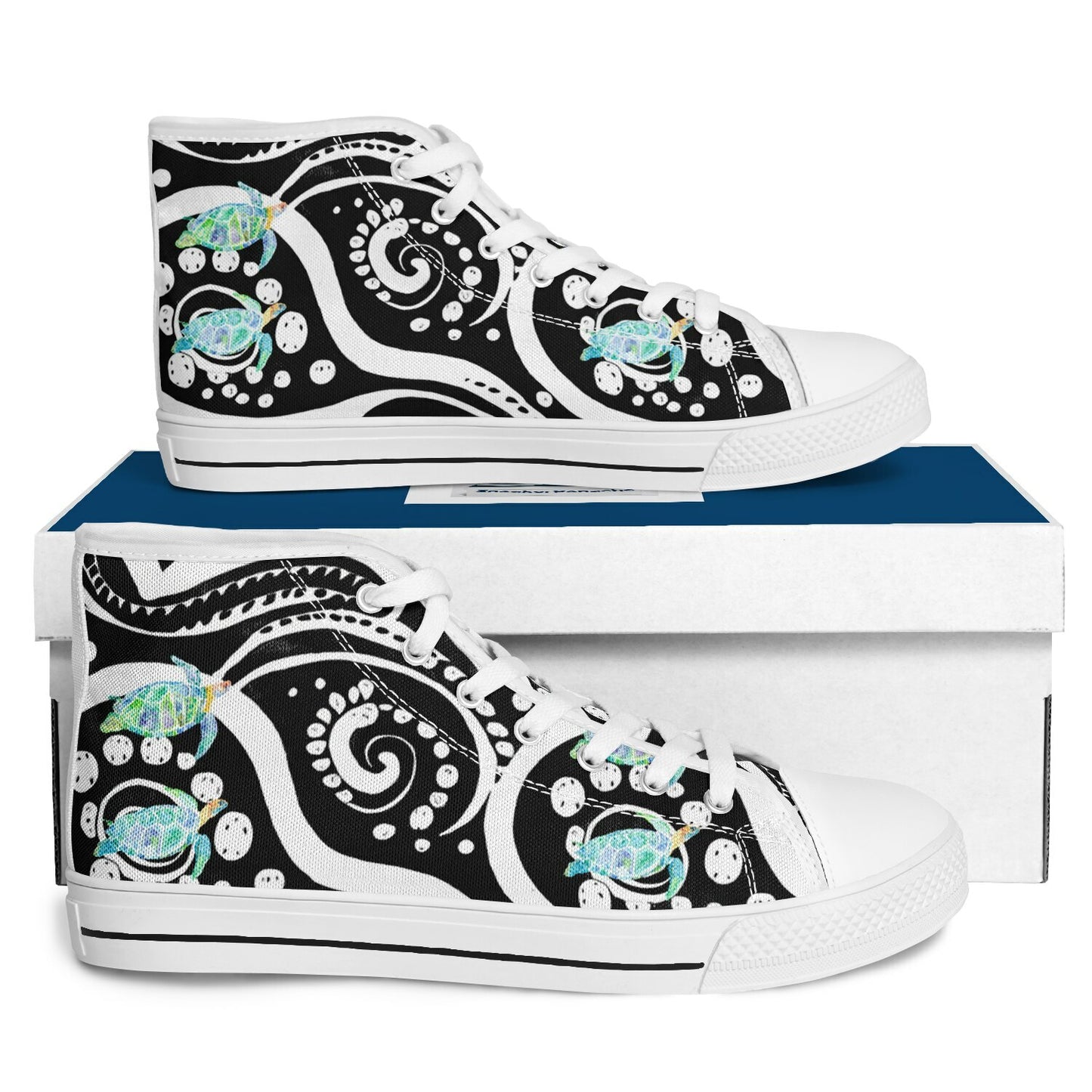 Sneakers High Tops with Black  and White Pattern and Hand-Painted Turtles