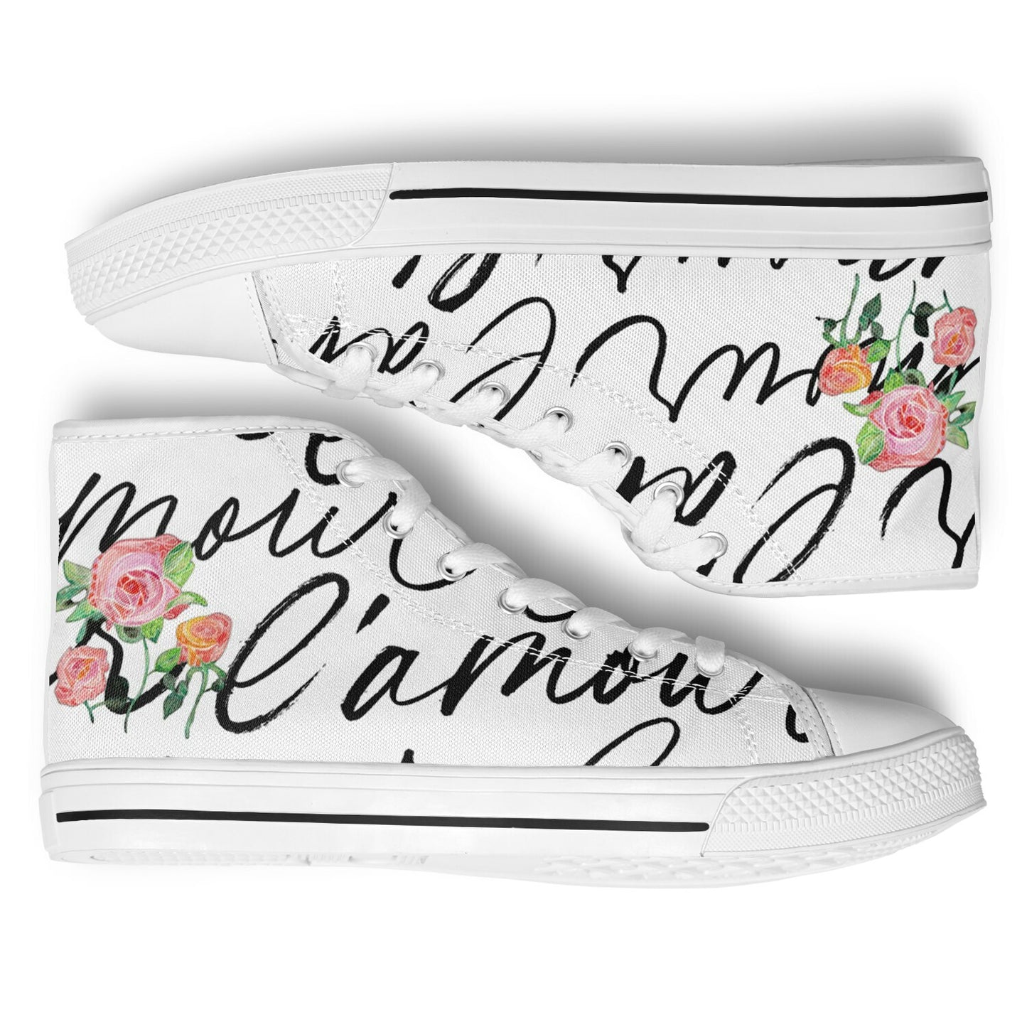 A pair of hi-top sneakers with French text and pink roses.