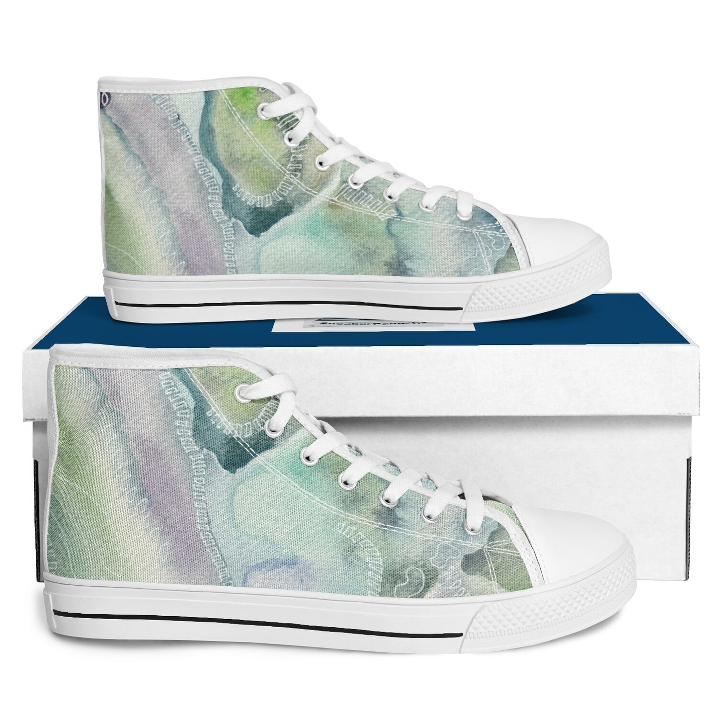 Hi top sneakers with an abstract landscape in blues and greens
