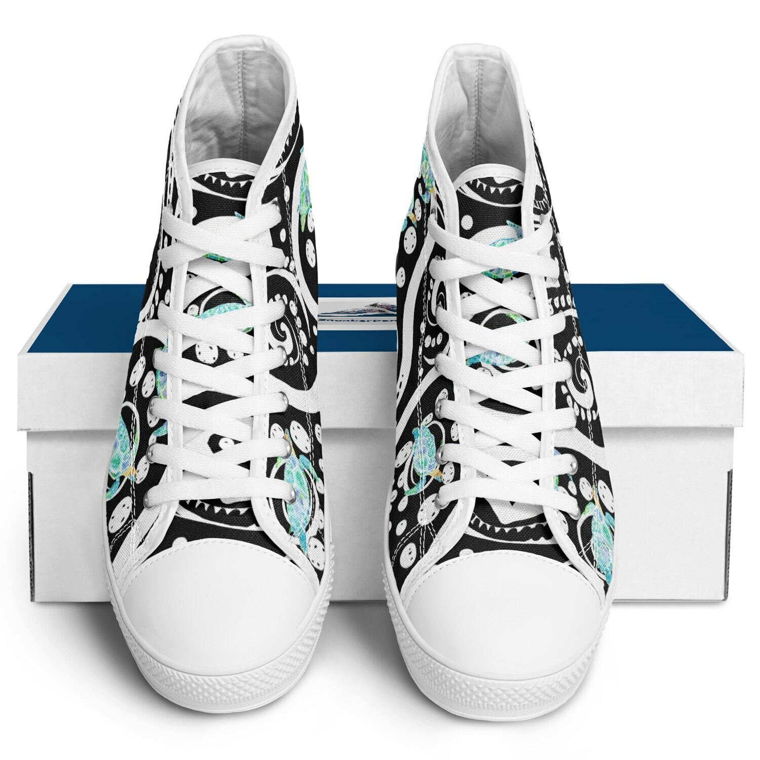 A pair of hitops with a black and white designs and blue turtles.