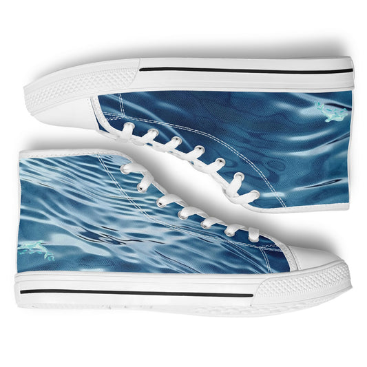 Sneakers High Tops with Wave Pattern in Dark Blue and Hand-Painted Dolphins