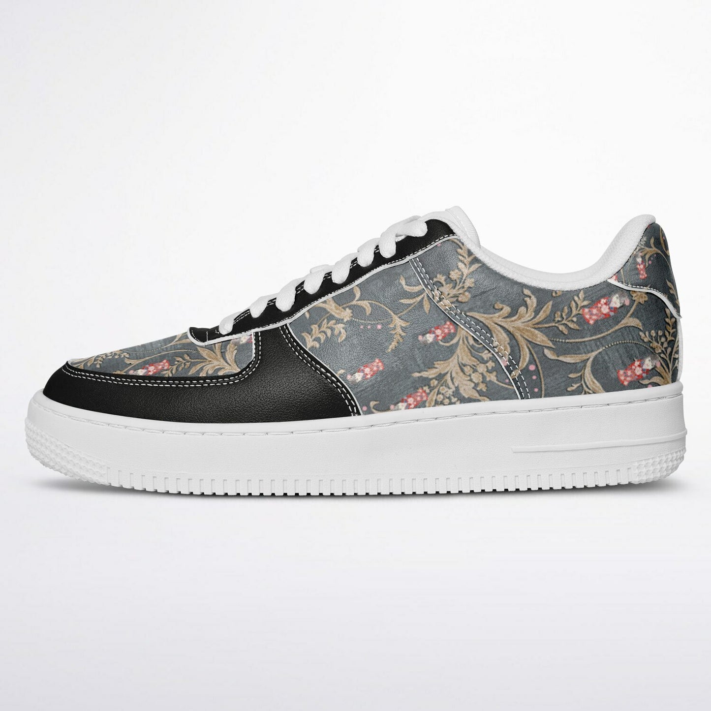 Sneakers Low Tops in Black with Gold Design and Hand-Painted Kabuki Dolls