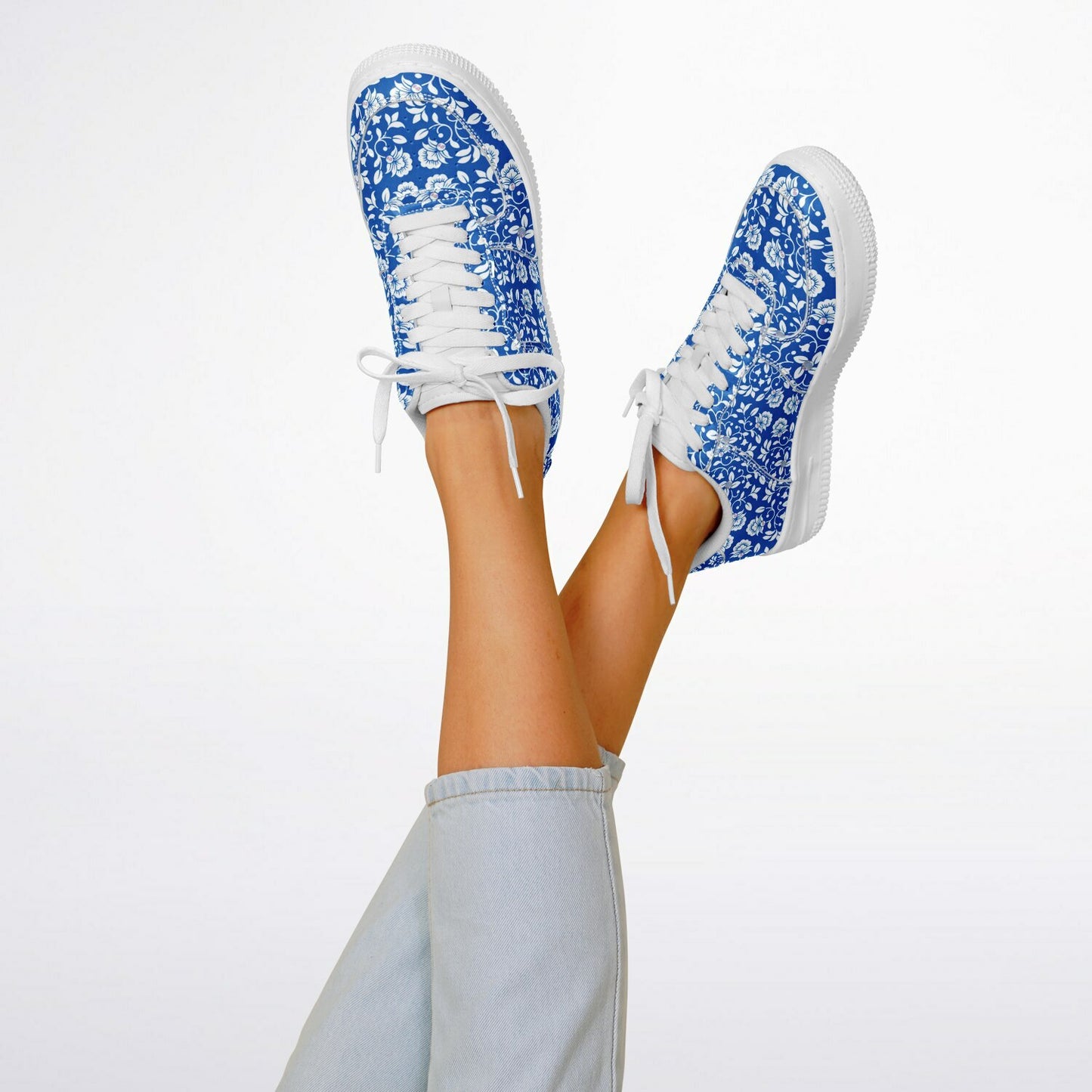 Sneakers Low Tops with Blue and White Pattern, Hand-painted Flowers and the Word 'Luxe'