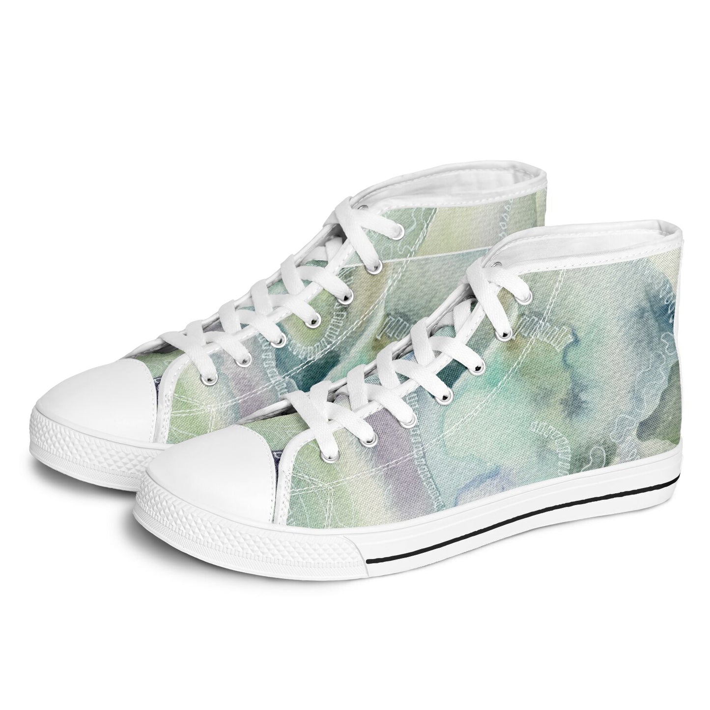 Sneakers High Tops with Abstract Landscape Pattern in Blues and Greens