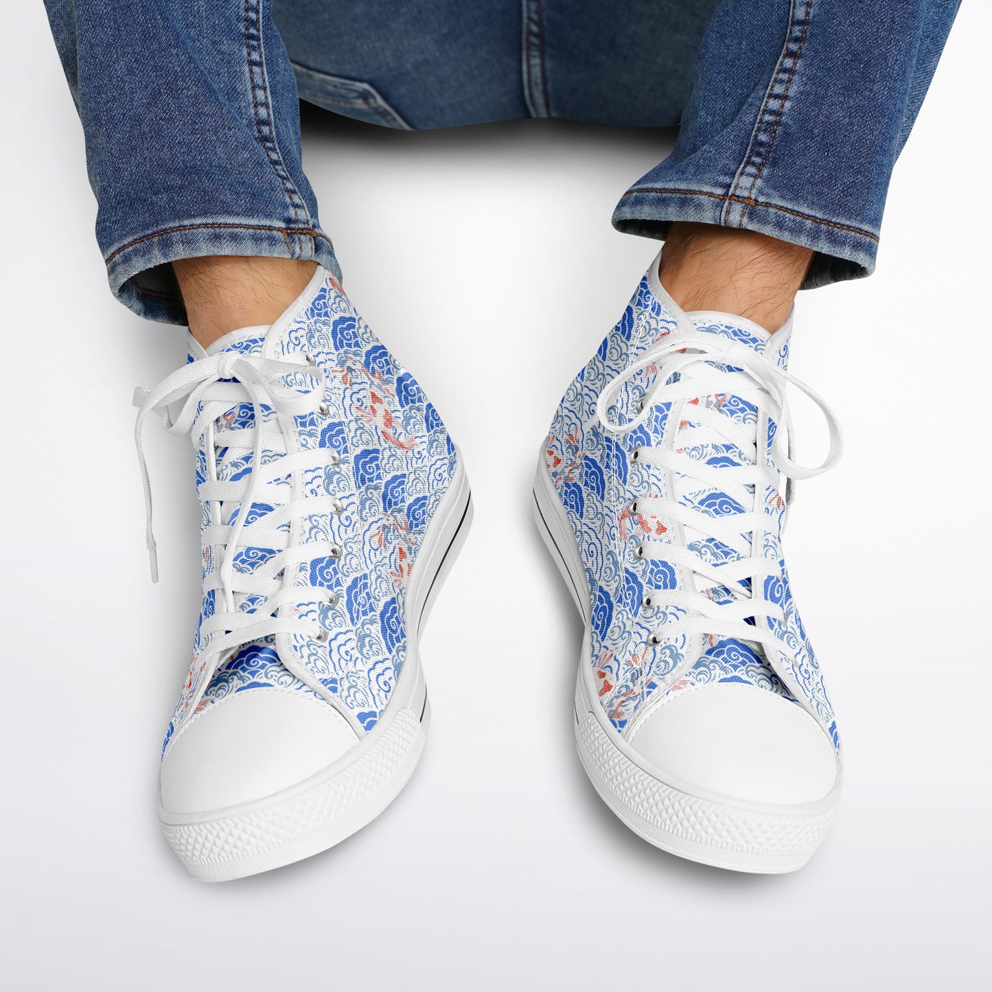 Sneakers High Tops with Blue Pattern and Hand-Painted Koi Fish