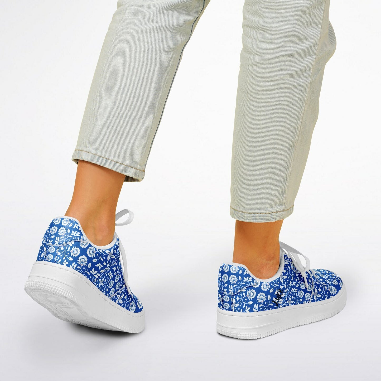 Sneakers Low Tops with Blue and White Pattern, Hand-painted Flowers and the Word 'Luxe'