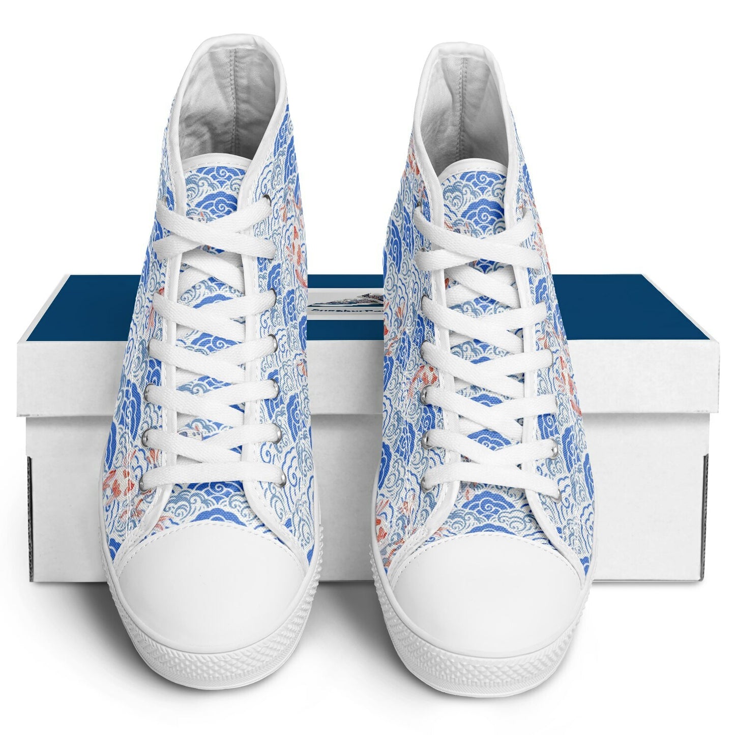 Sneakers High Tops with Blue Pattern and Hand-Painted Koi Fish