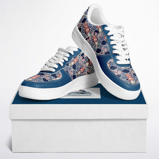 Sneakers low tops with dark blue background, small pink flowers and small kabuki dolls.