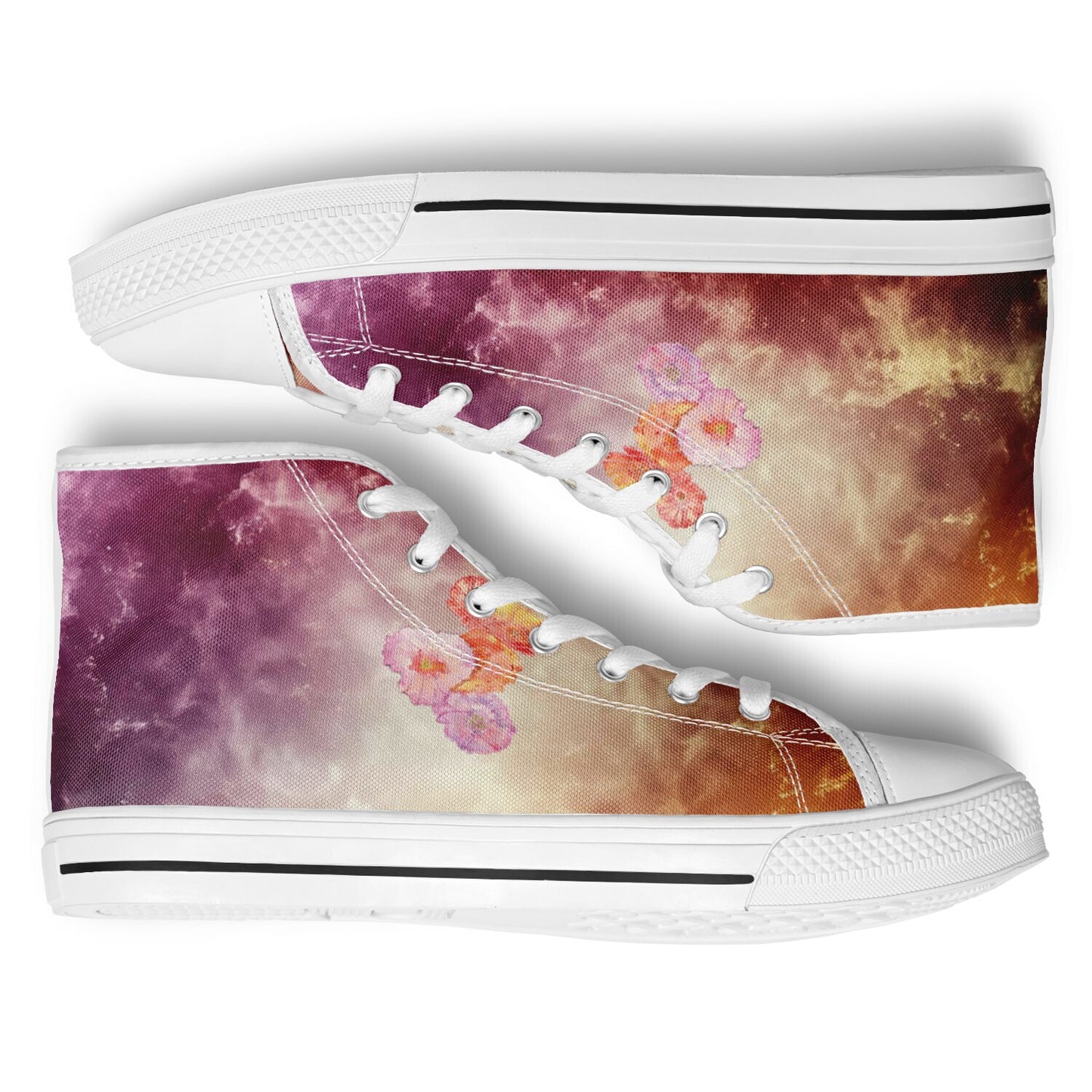 Sneakers High Tops with Orange and Purple Marble Pattern and Hand-Painted Poppies