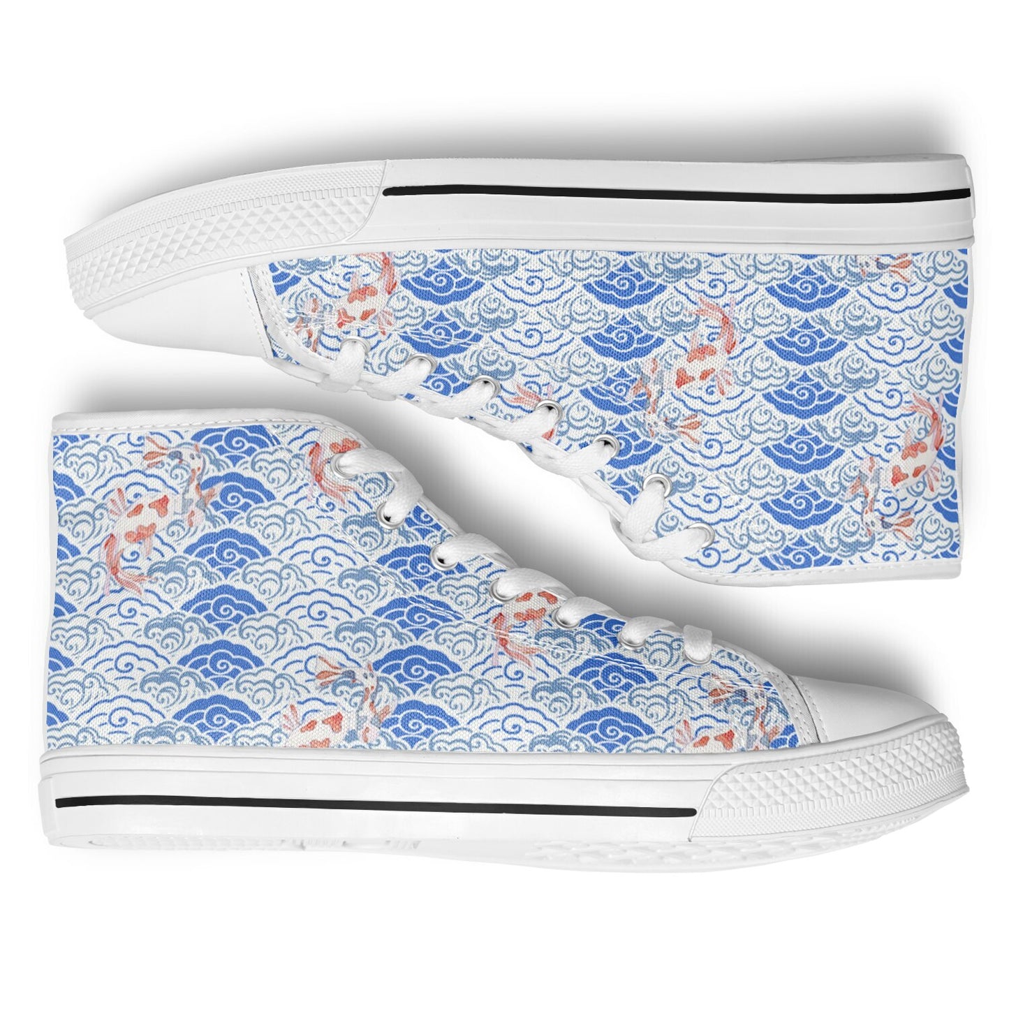 Sneakers High Tops with Blue Pattern and Hand-Painted Koi Fish