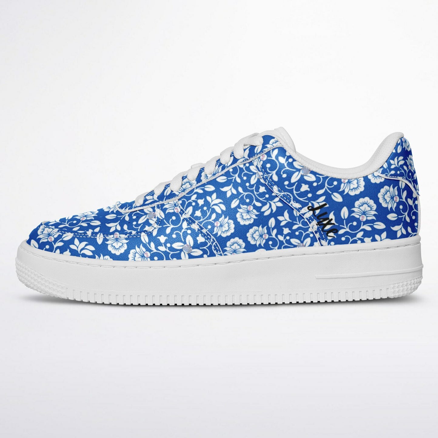 Sneakers Low Tops with Blue and White Pattern, Hand-painted Flowers and the Word 'Luxe'