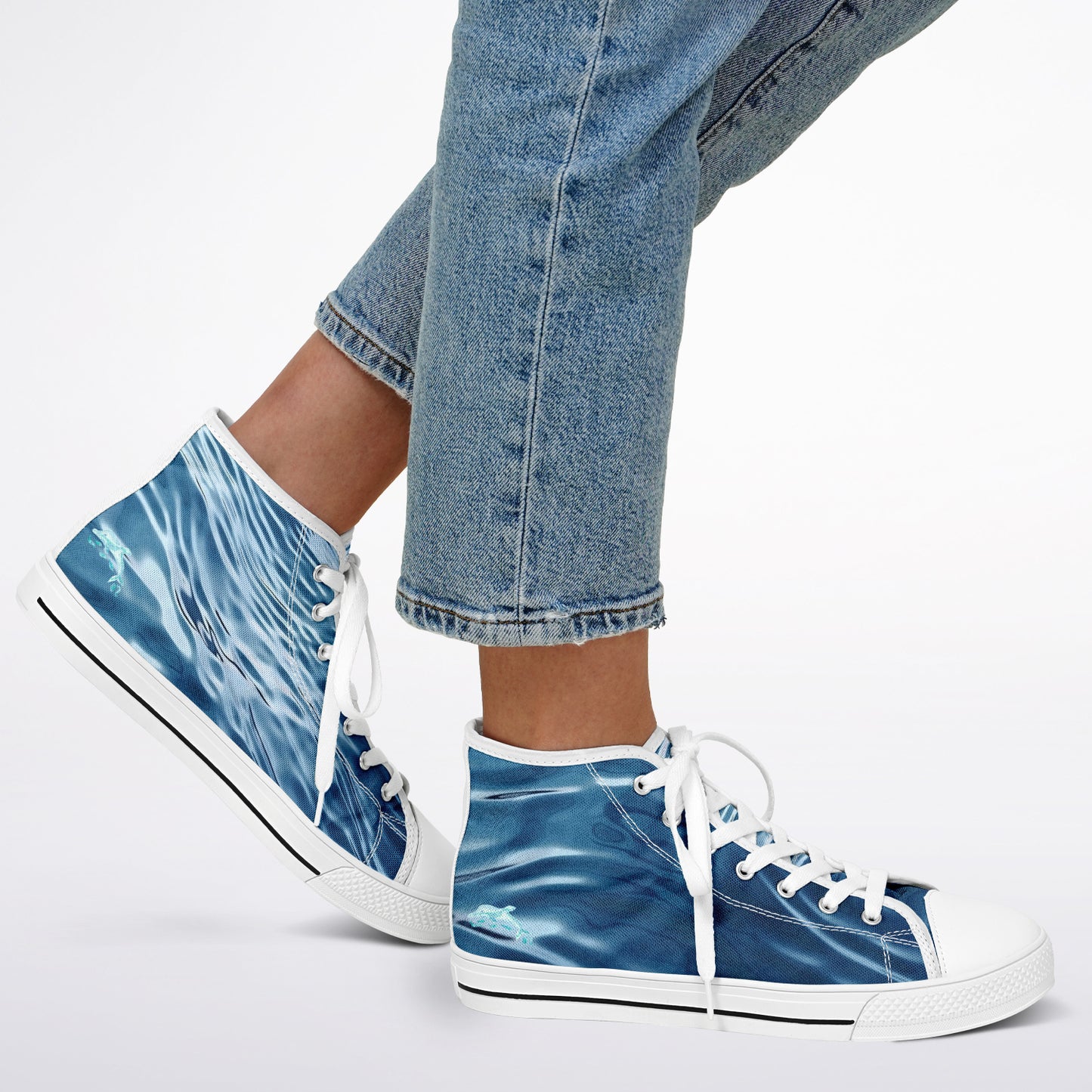 Sneakers High Tops with Wave Pattern in Dark Blue and Hand-Painted Dolphins